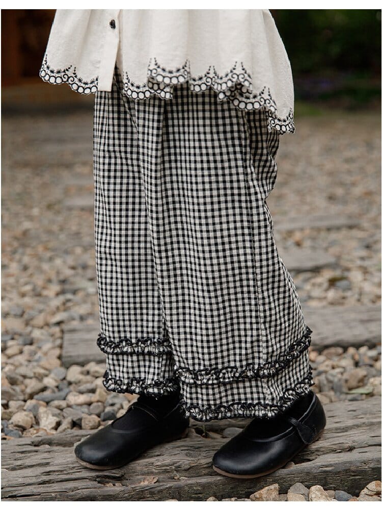 Embroidered Blouse Gingham Pants 裾刺繍 ブラウス ギンガム パンツ セットアップ【mh0012727】 YoehYaul 長袖セットアップ