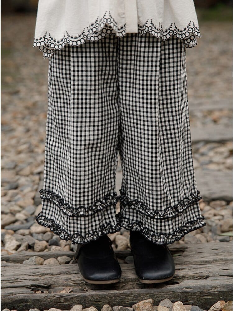 Embroidered Blouse Gingham Pants 裾刺繍 ブラウス ギンガム パンツ セットアップ【mh0012727】 YoehYaul 長袖セットアップ