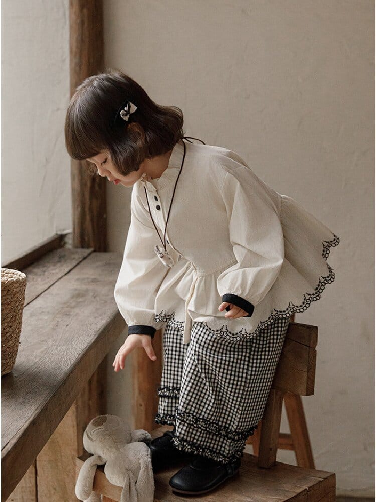 Embroidered Blouse Gingham Pants 裾刺繍 ブラウス ギンガム パンツ セットアップ【mh0012727】 YoehYaul 長袖セットアップ