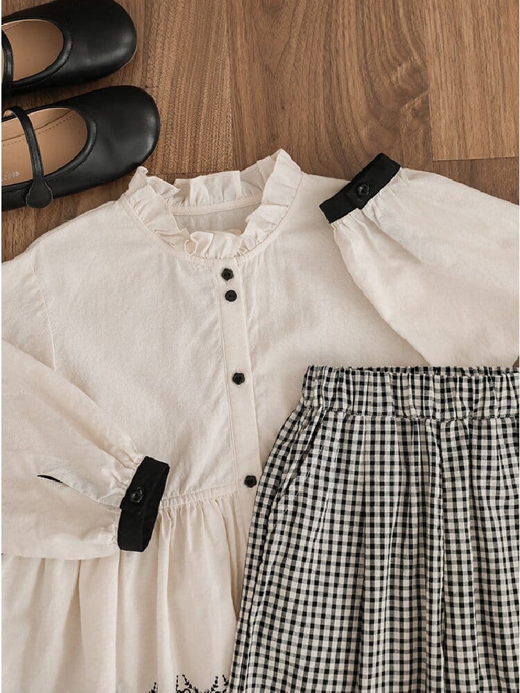 Embroidered Blouse Gingham Pants 裾刺繍 ブラウス ギンガム パンツ セットアップ【mh0012727】 YoehYaul 長袖セットアップ