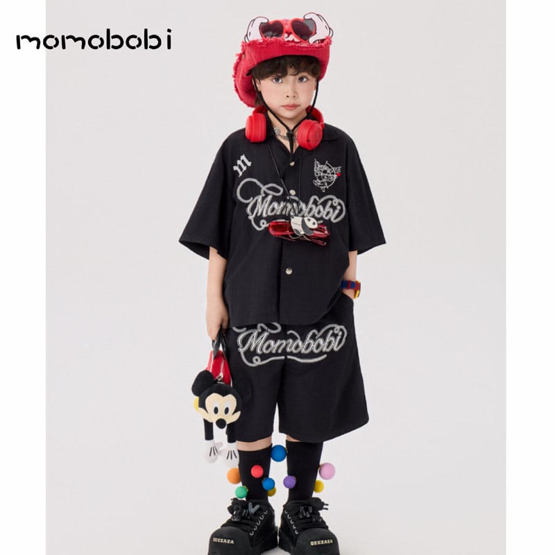 Embroidered Letter Set 半袖シャツ ハーフパンツ セット【mh0013006】 Black / 90cm momobobi 半袖セットアップ