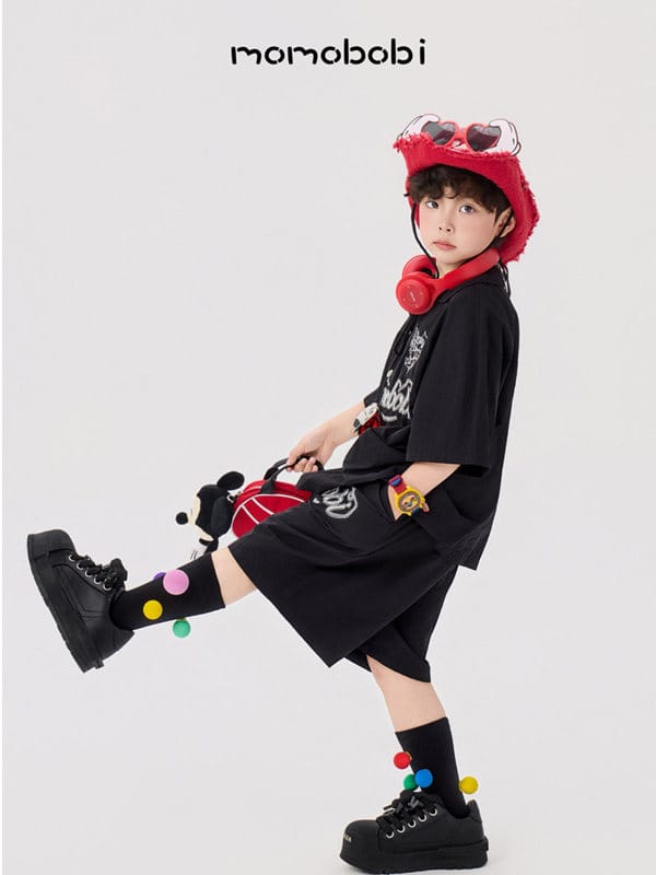 Embroidered Letter Set 半袖シャツ ハーフパンツ セット【mh0013006】 momobobi 半袖セットアップ