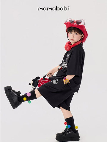 Embroidered Letter Set 半袖シャツ ハーフパンツ セット【mh0013006】 momobobi 半袖セットアップ