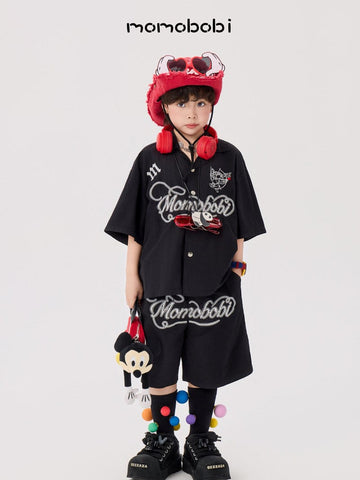 Embroidered Letter Set 半袖シャツ ハーフパンツ セット【mh0013006】 momobobi 半袖セットアップ