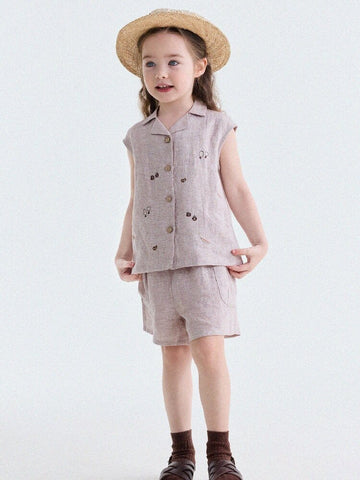 Embroidered Linen Sleeveless Shirt Shorts フルーツ刺繍 ノースリーブシャツ ショートパンツ【mh0013187】 yunerma ノースリーブセットアップ