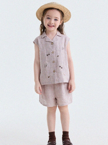 Embroidered Linen Sleeveless Shirt Shorts フルーツ刺繍 ノースリーブシャツ ショートパンツ【mh0013187】 yunerma ノースリーブセットアップ