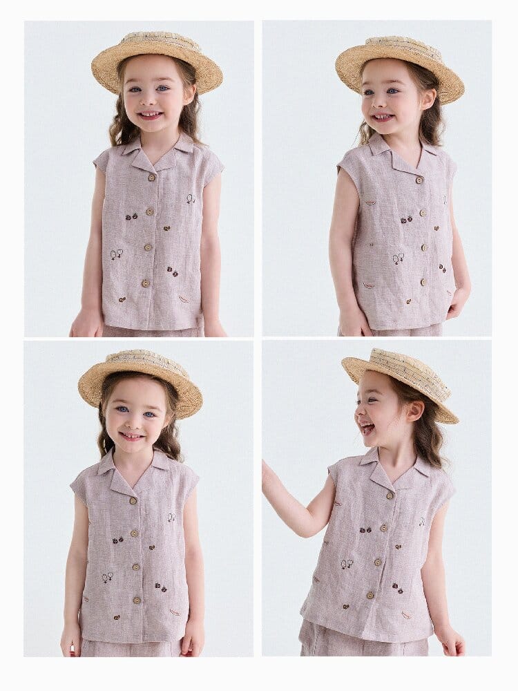 Embroidered Linen Sleeveless Shirt Shorts フルーツ刺繍 ノースリーブシャツ ショートパンツ【mh0013187】 yunerma ノースリーブセットアップ