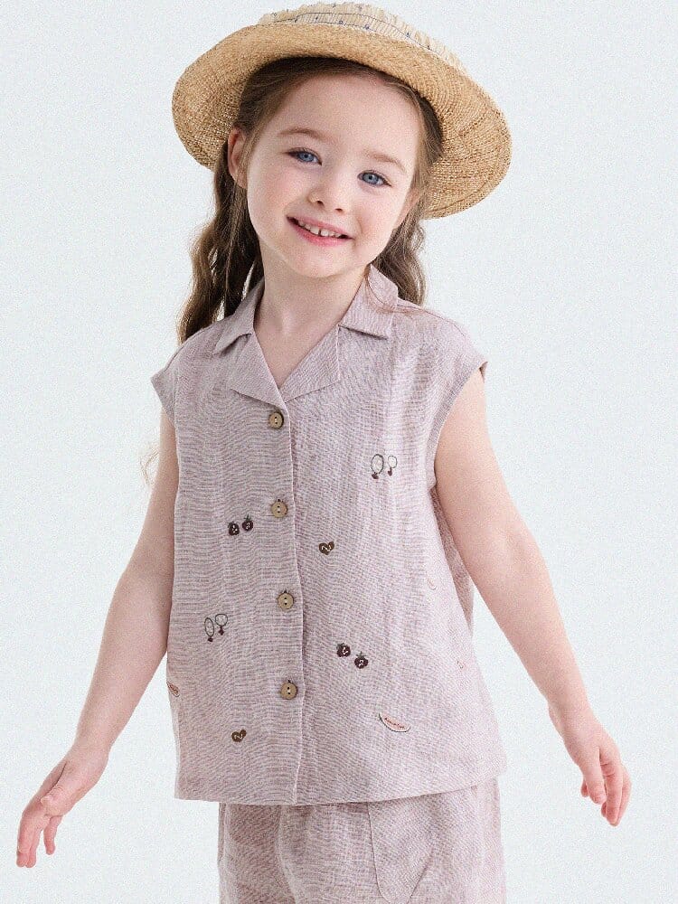 Embroidered Linen Sleeveless Shirt Shorts フルーツ刺繍 ノースリーブシャツ ショートパンツ【mh0013187】 yunerma ノースリーブセットアップ