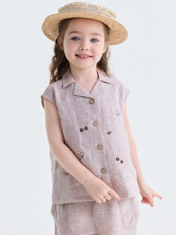 Embroidered Linen Sleeveless Shirt Shorts フルーツ刺繍 ノースリーブシャツ ショートパンツ【mh0013187】 yunerma ノースリーブセットアップ