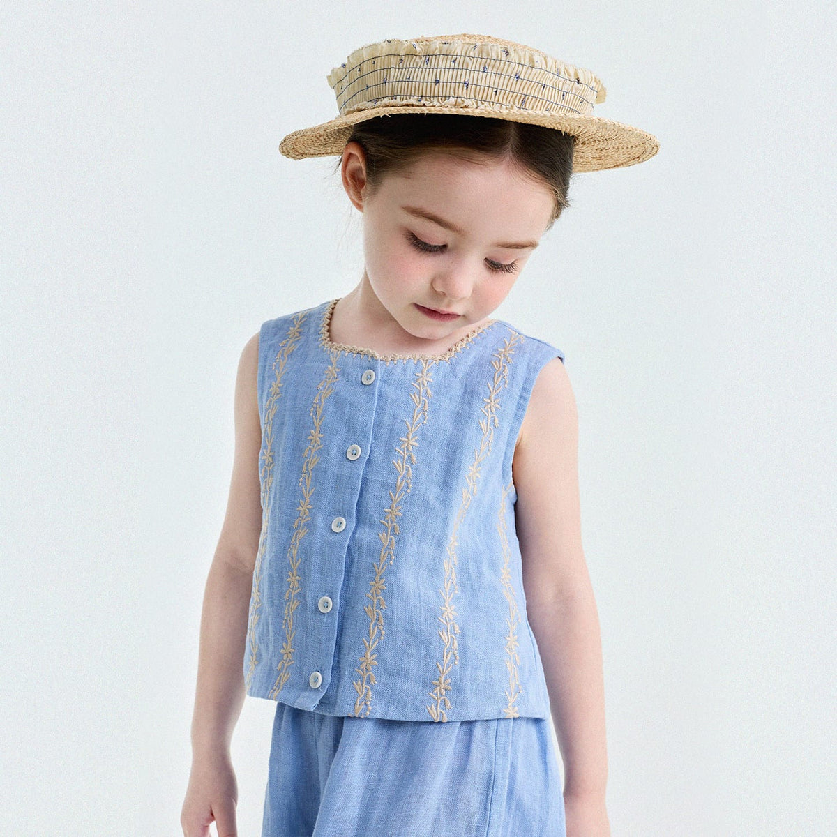 Embroidered Linen Vest and Pants Set ノースリーブ トップス ロングパンツ【mh0013182】 Tops / 90cm yunerma ノースリーブセットアップ