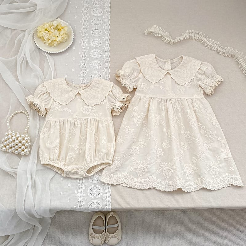 Embroidered Puff Sleeve Romper And Dress 刺繍 パフスリーブ ロンパース ワンピース【mh0013166】 Aeg babyi 半袖ロンパース