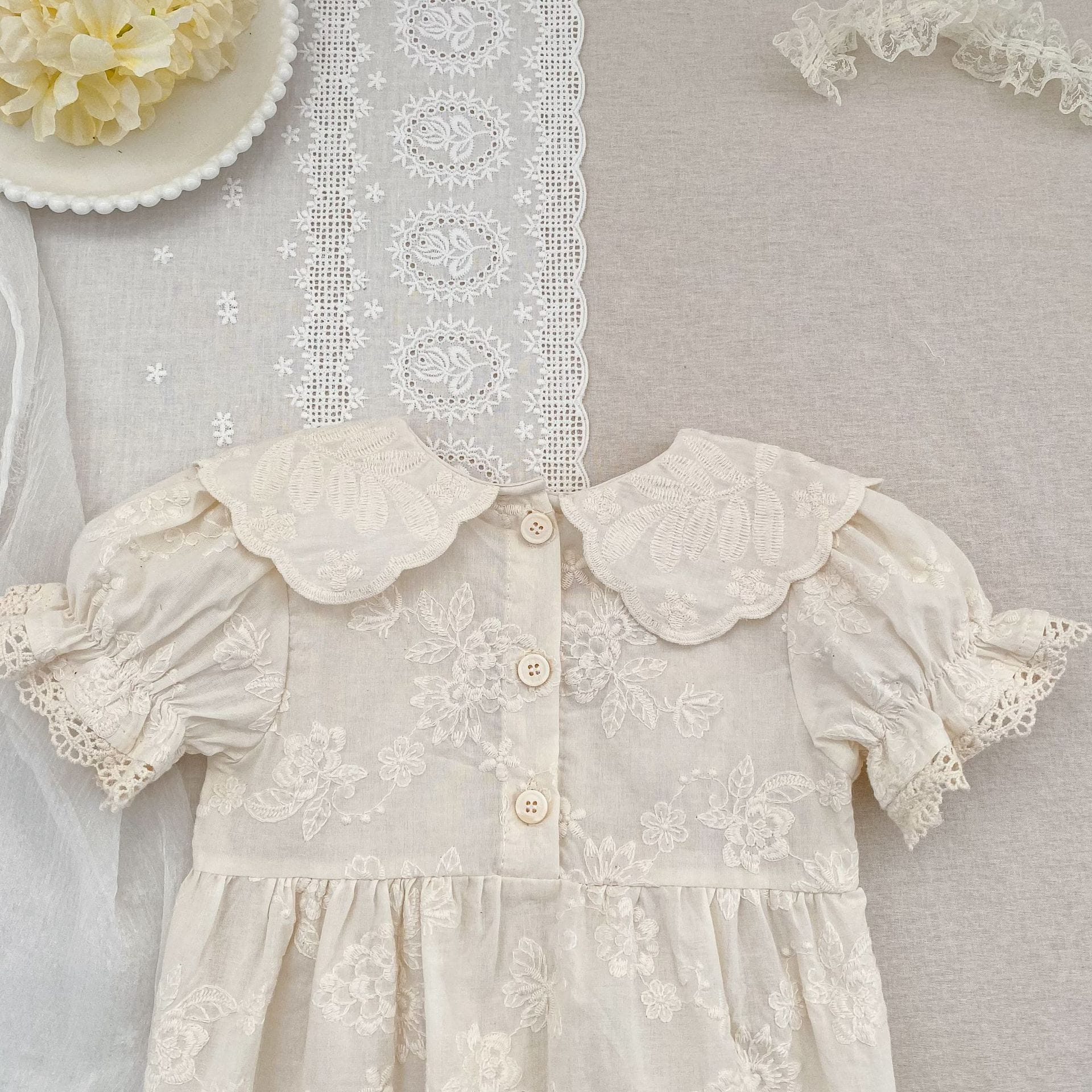 Embroidered Puff Sleeve Romper And Dress 刺繍 パフスリーブ ロンパース ワンピース【mh0013166】 Aeg babyi 半袖ロンパース