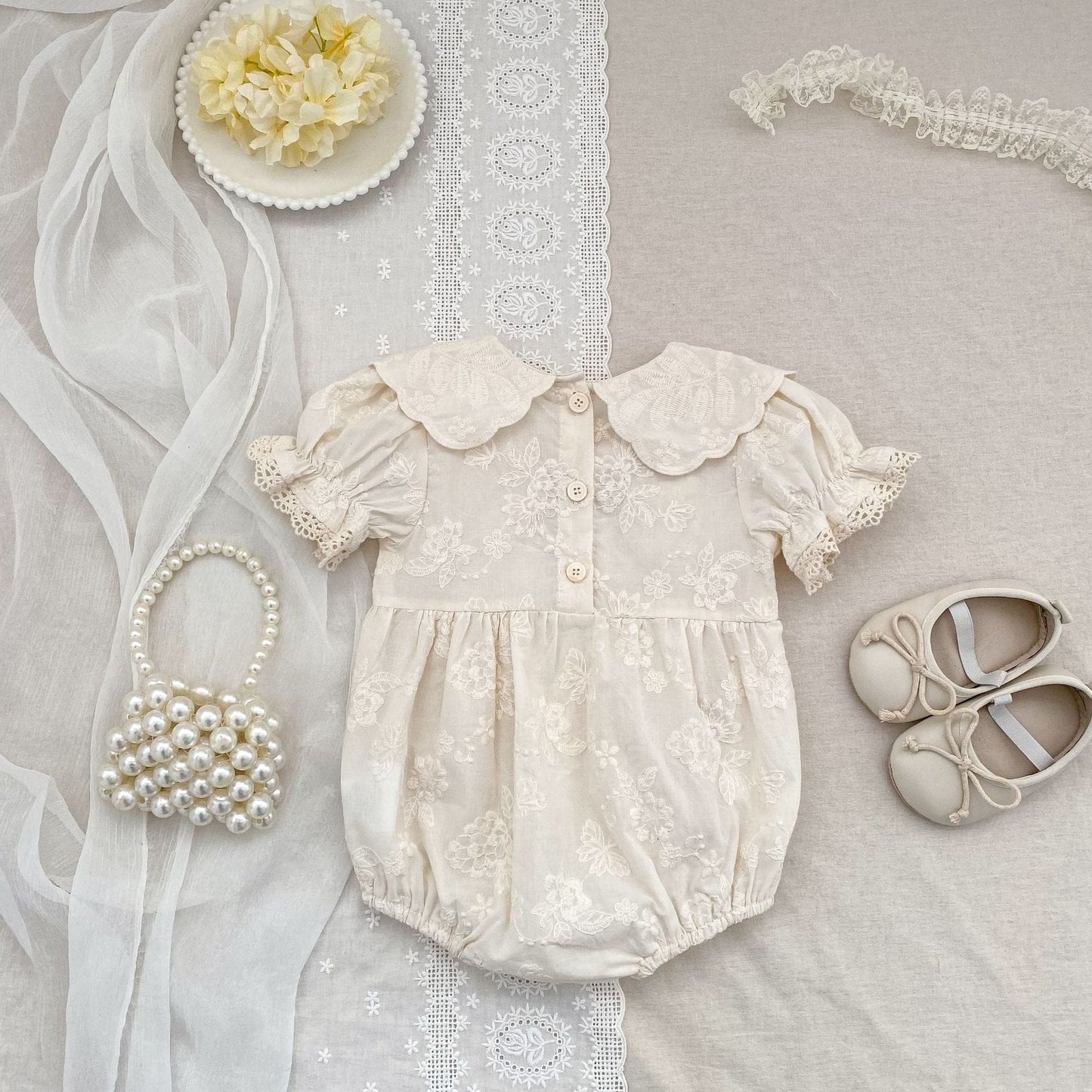 Embroidered Puff Sleeve Romper And Dress 刺繍 パフスリーブ ロンパース ワンピース【mh0013166】 Aeg babyi 半袖ロンパース