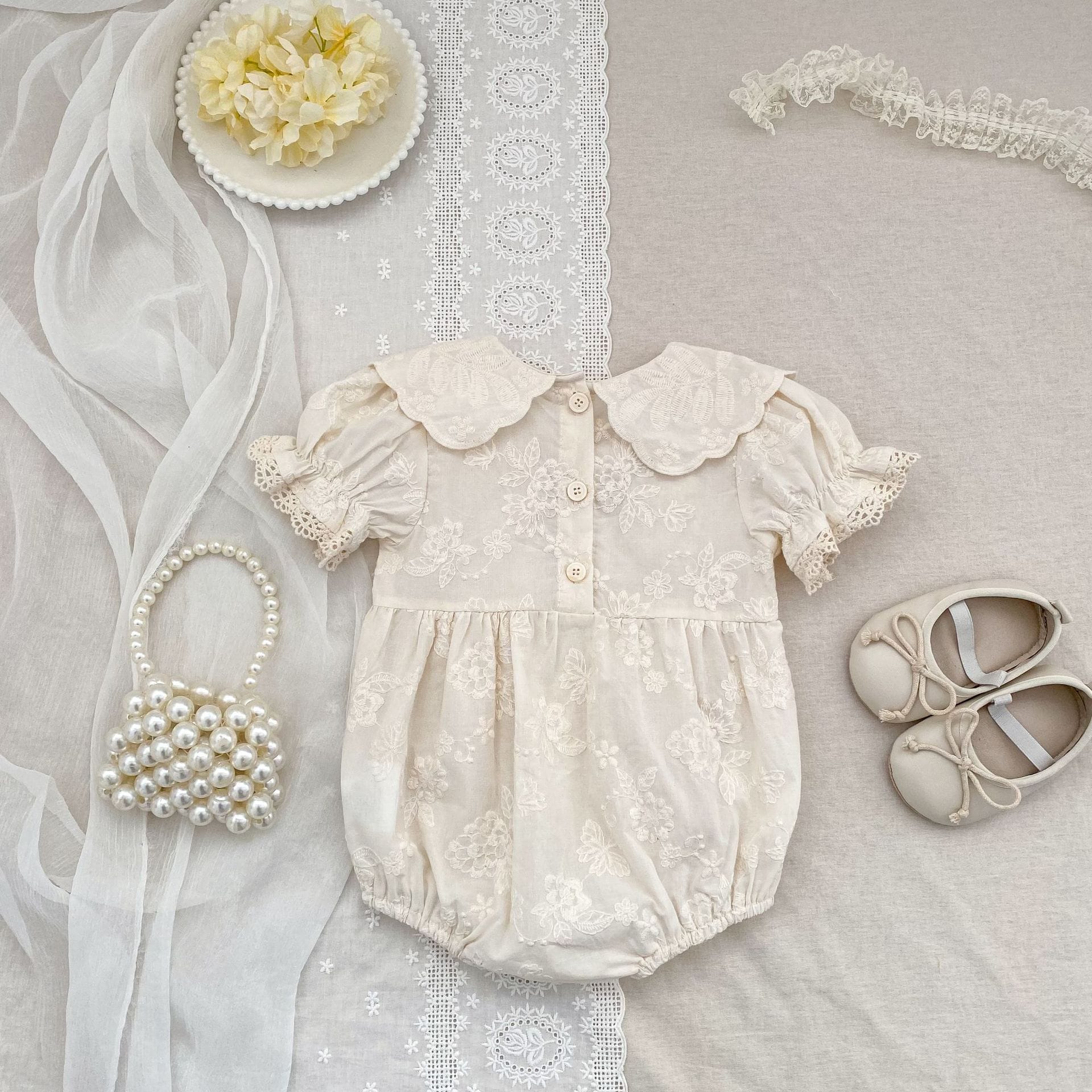 Embroidered Puff Sleeve Romper And Dress 刺繍 パフスリーブ ロンパース ワンピース【mh0013166】 Aeg babyi 半袖ロンパース