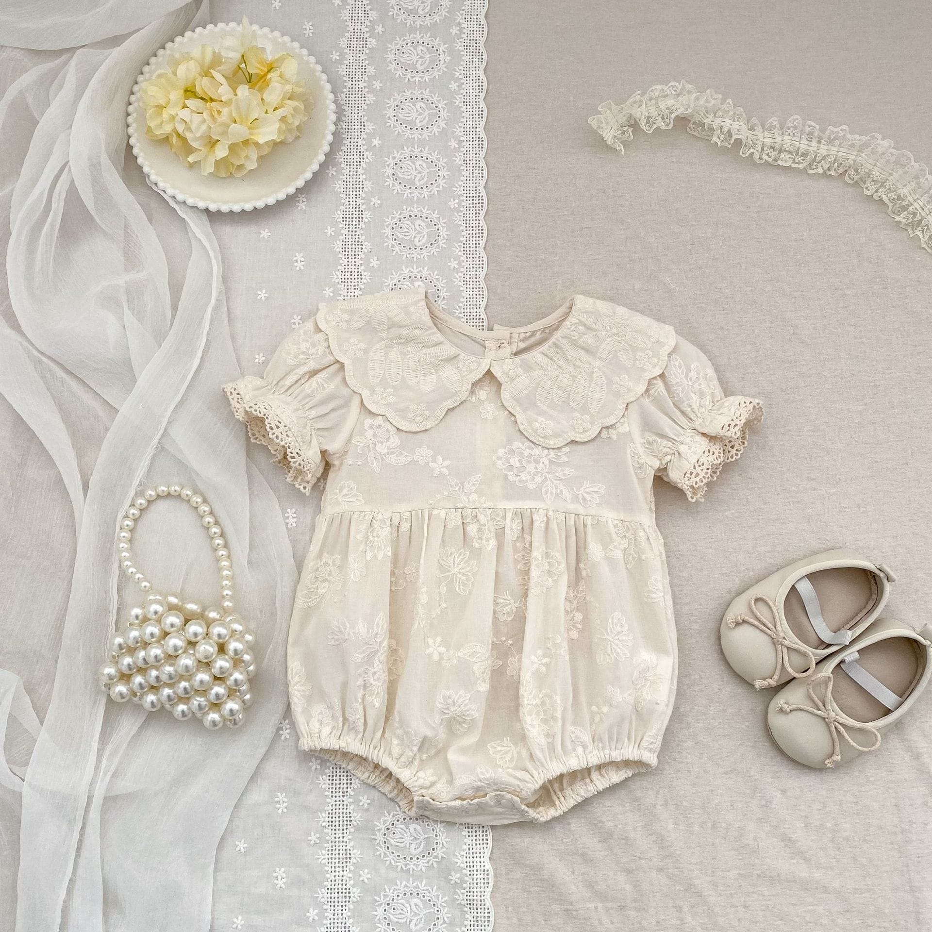 Embroidered Puff Sleeve Romper And Dress 刺繍 パフスリーブ ロンパース ワンピース【mh0013166】 Aeg babyi 半袖ロンパース