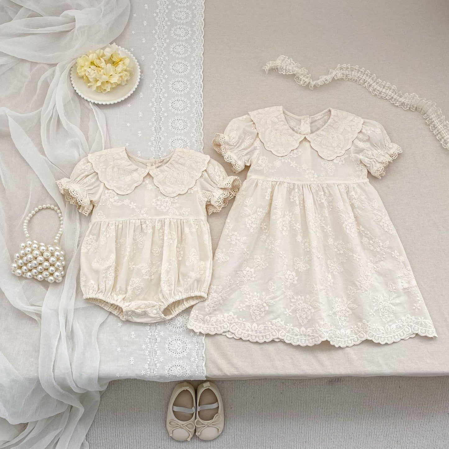 Embroidered Puff Sleeve Romper And Dress 刺繍 パフスリーブ ロンパース ワンピース【mh0013166】 Aeg babyi 半袖ロンパース