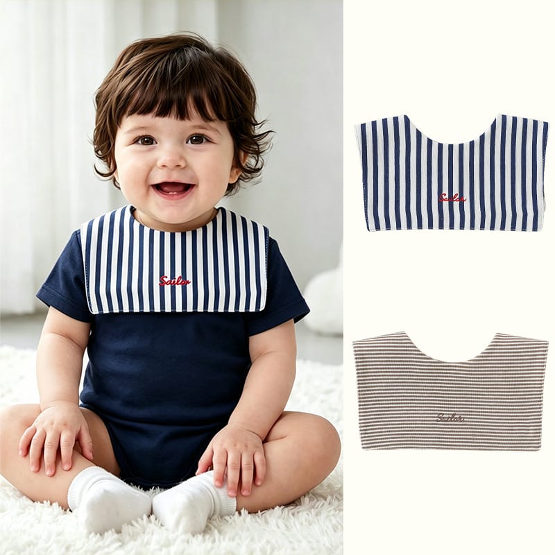 Embroidered Sailor Collar Striped Bib ボーダー セーラースタイ つけ襟【mh0013504】 Beitaoya よだれかけ