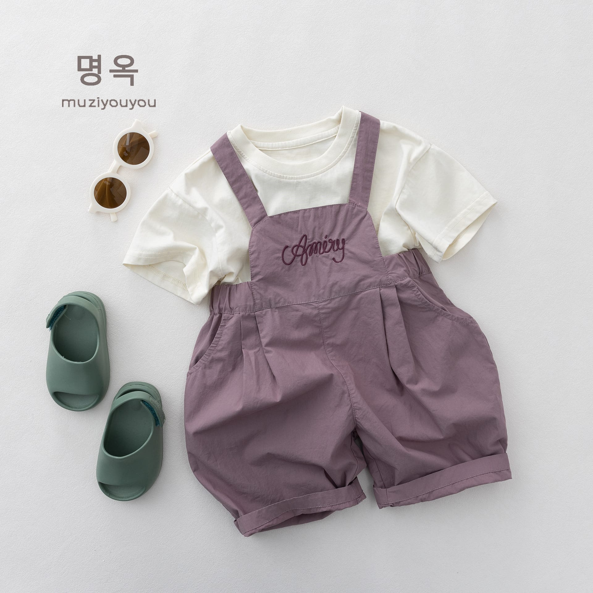 Embroidered Script Lettering Overalls コクーン サロペットハーフパンツ【mh0013151】 명옥 muziyouyou サロペットパンツ・サスペンダーパンツ