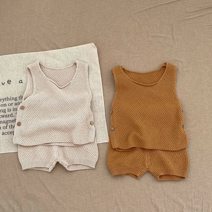 ノースリーブセットアップ ベビーセットアップ 2点セット ニット タンクトップ+ショートパンツ シンプルベーシック 2カラー【mh0005939】