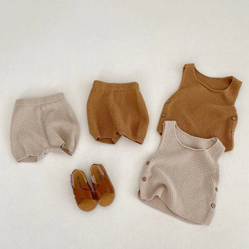 ノースリーブセットアップ ベビーセットアップ 2点セット ニット タンクトップ+ショートパンツ シンプルベーシック 2カラー【mh0005939】