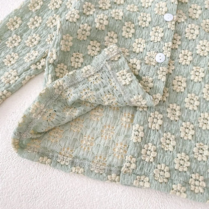 長袖セットアップ ベビーセットアップ 2点セット フラワー柄レースニットカーディガン+フリルブルマパンツ 2カラー【mh0007097】