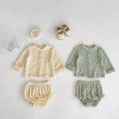 長袖セットアップ ベビーセットアップ 2点セット フラワー柄レースニットカーディガン+フリルブルマパンツ 2カラー【mh0007097】