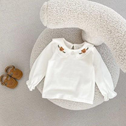 ロンパースセットアップ ベビーセットアップ 2点セット ベアくま刺繍長袖ブラウス+サスペンダーブルマロンパースベビーセットアップ 2点セット ベアくま刺繍長袖ブラウス+サスペンダーブルマロンパース【mh0008743】