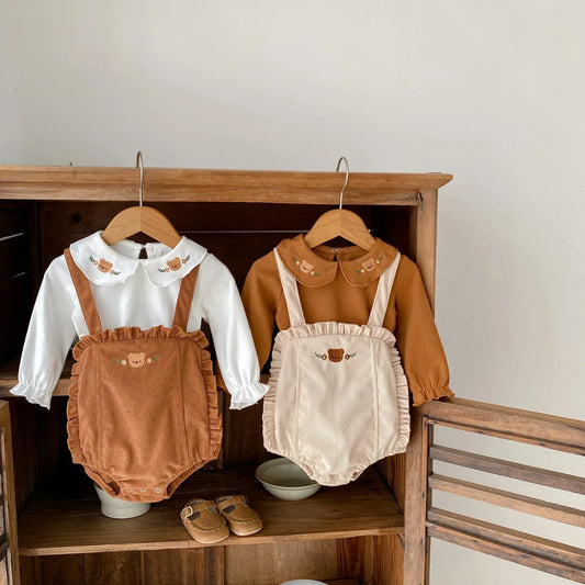 ロンパースセットアップ ベビーセットアップ 2点セット ベアくま刺繍長袖ブラウス+サスペンダーブルマロンパースベビーセットアップ 2点セット ベアくま刺繍長袖ブラウス+サスペンダーブルマロンパース【mh0008743】