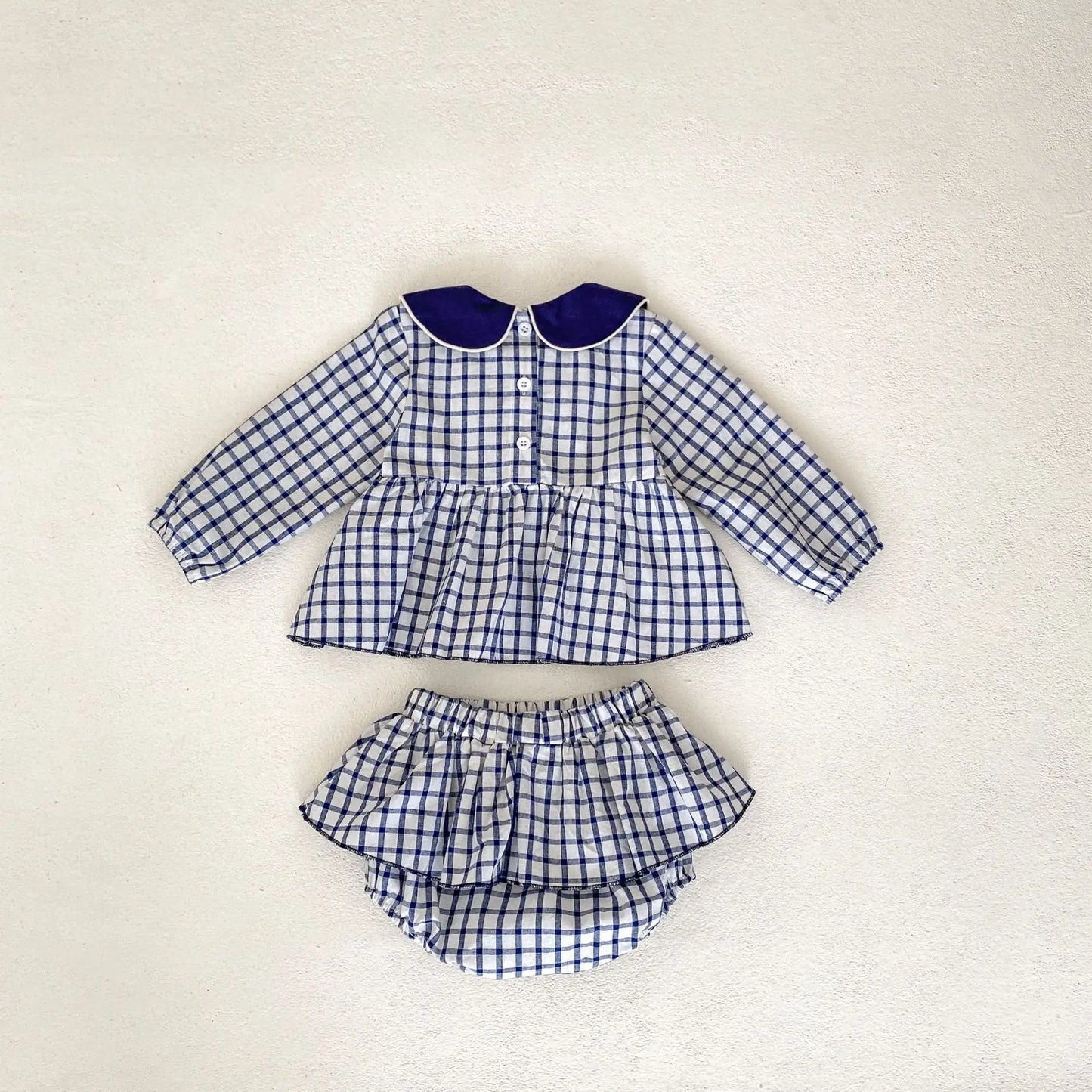 長袖セットアップ ベビーキッズセットアップ 2点セット フラワー刺繍襟長袖チュニックブラウス+フリルスカートブルマパンツ チェック4カラー【mh0007150】