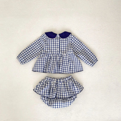 長袖セットアップ ベビーキッズセットアップ 2点セット フラワー刺繍襟長袖チュニックブラウス+フリルスカートブルマパンツ チェック4カラー【mh0007150】