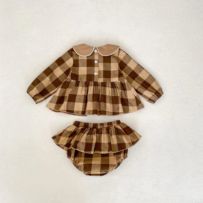 長袖セットアップ ベビーキッズセットアップ 2点セット フラワー刺繍襟長袖チュニックブラウス+フリルスカートブルマパンツ チェック4カラー【mh0007150】