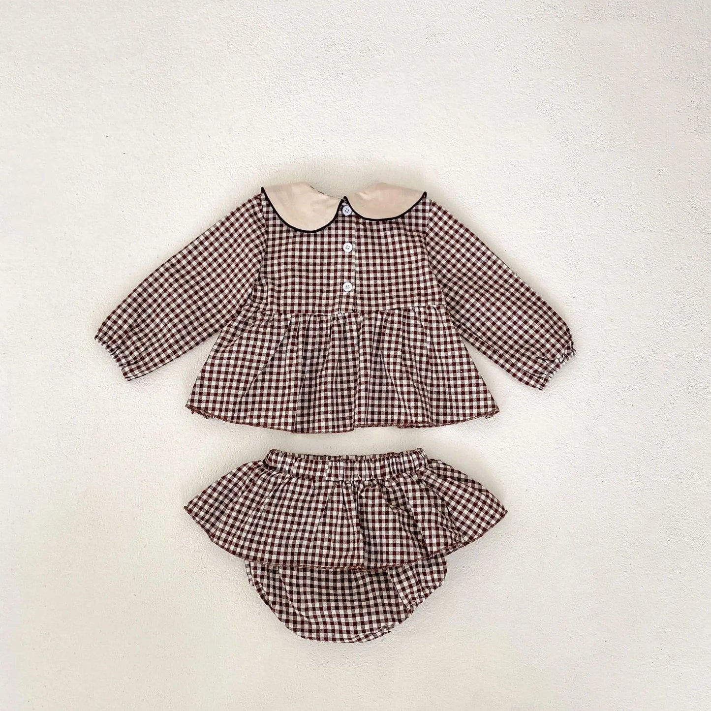 長袖セットアップ ベビーキッズセットアップ 2点セット フラワー刺繍襟長袖チュニックブラウス+フリルスカートブルマパンツ チェック4カラー【mh0007150】