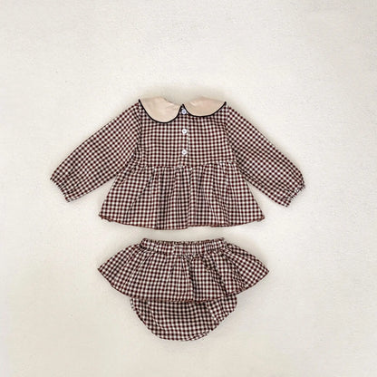 長袖セットアップ ベビーキッズセットアップ 2点セット フラワー刺繍襟長袖チュニックブラウス+フリルスカートブルマパンツ チェック4カラー【mh0007150】