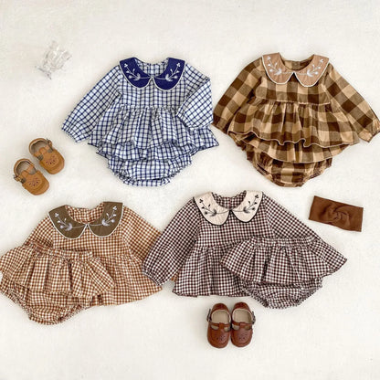 長袖セットアップ ベビーキッズセットアップ 2点セット フラワー刺繍襟長袖チュニックブラウス+フリルスカートブルマパンツ チェック4カラー【mh0007150】