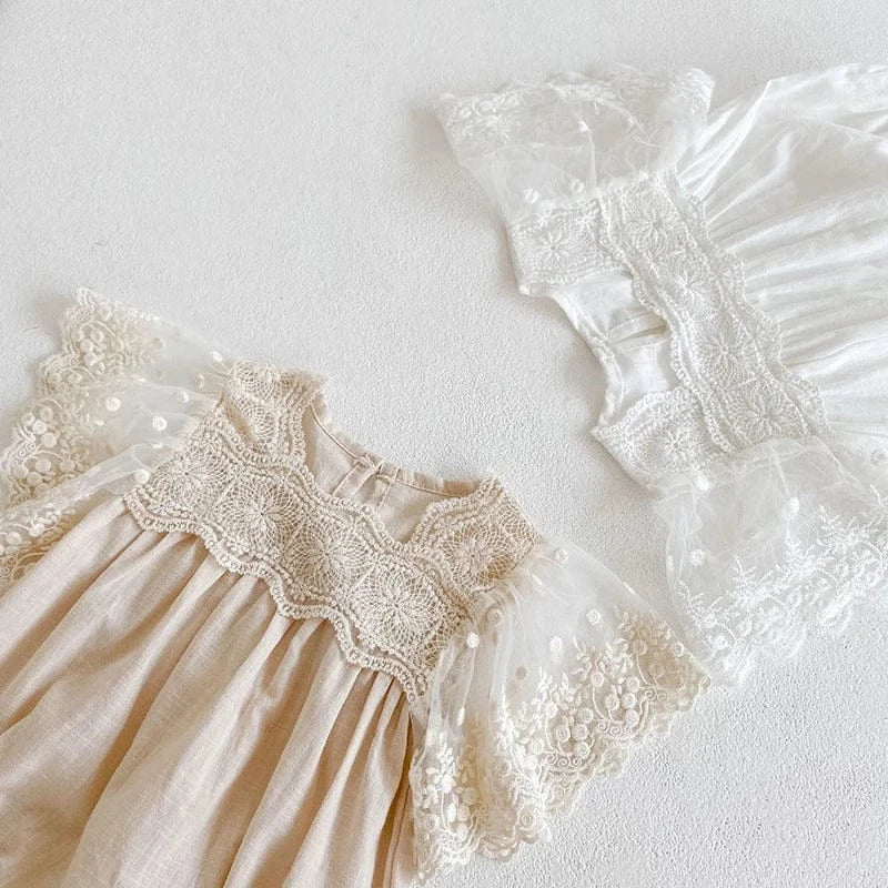 半袖ロンパース ベビーロンパース レースフリル袖 半袖ボディスーツ ベビードレス 2カラー【mh0004460】