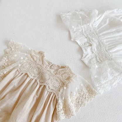 半袖ロンパース ベビーロンパース レースフリル袖 半袖ボディスーツ ベビードレス 2カラー【mh0004460】