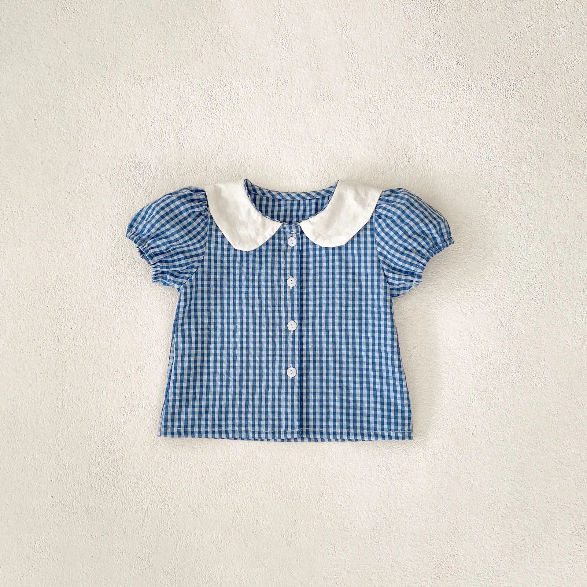 半袖セットアップ ベビーセットアップ 2点セット 半袖パフスリーブうさ耳襟チェックブラウス+ブルマパンツ【mh0004891】