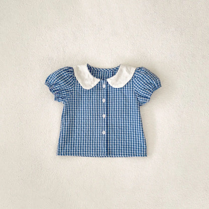 半袖セットアップ ベビーセットアップ 2点セット 半袖パフスリーブうさ耳襟チェックブラウス+ブルマパンツ【mh0004891】