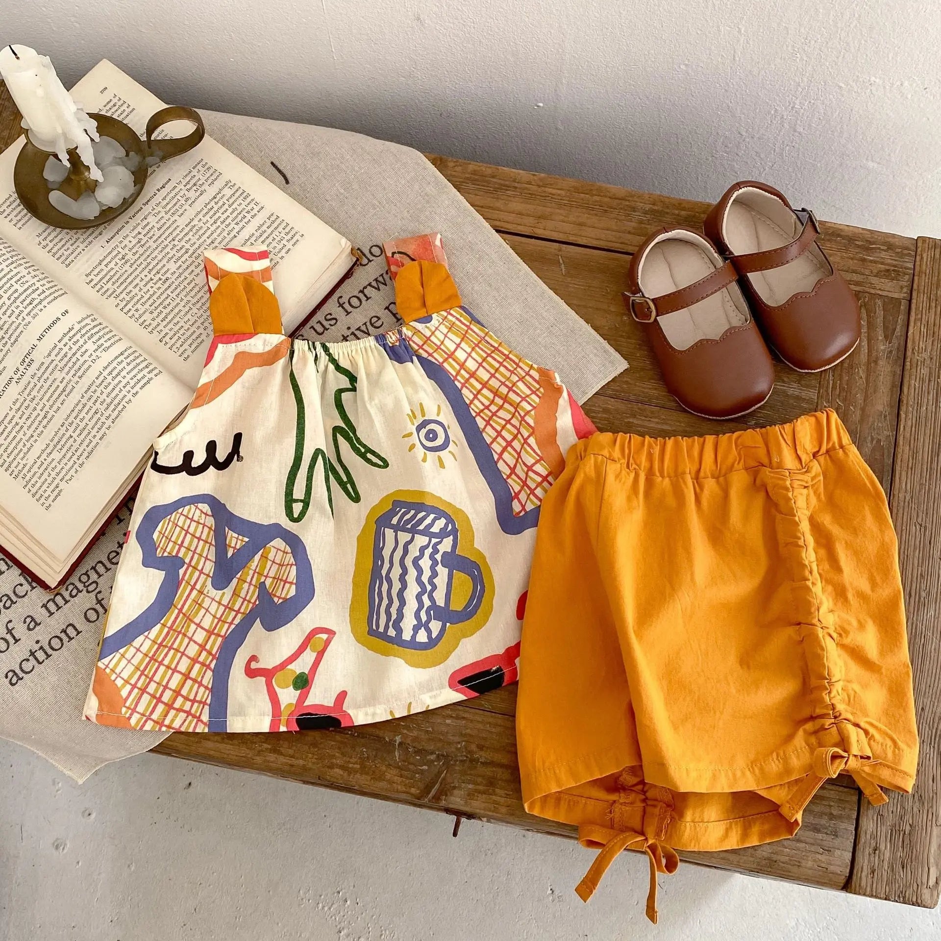 ノースリーブセットアップ ベビーセットアップ 2点セット ノースリーブプリントチュニックブラウス+サイドリボンショートパンツ【mh0006096】