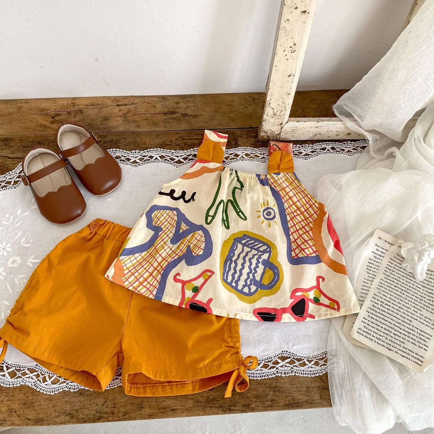 ノースリーブセットアップ ベビーセットアップ 2点セット ノースリーブプリントチュニックブラウス+サイドリボンショートパンツ【mh0006096】