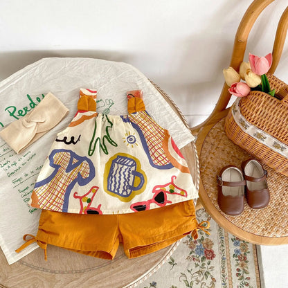 ノースリーブセットアップ ベビーセットアップ 2点セット ノースリーブプリントチュニックブラウス+サイドリボンショートパンツ【mh0006096】