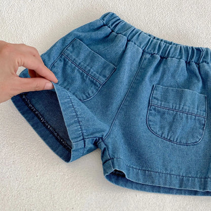 半袖セットアップ キッズセットアップ 2点セット デニム 半袖シャツ+ショートパンツ【mh0006177】