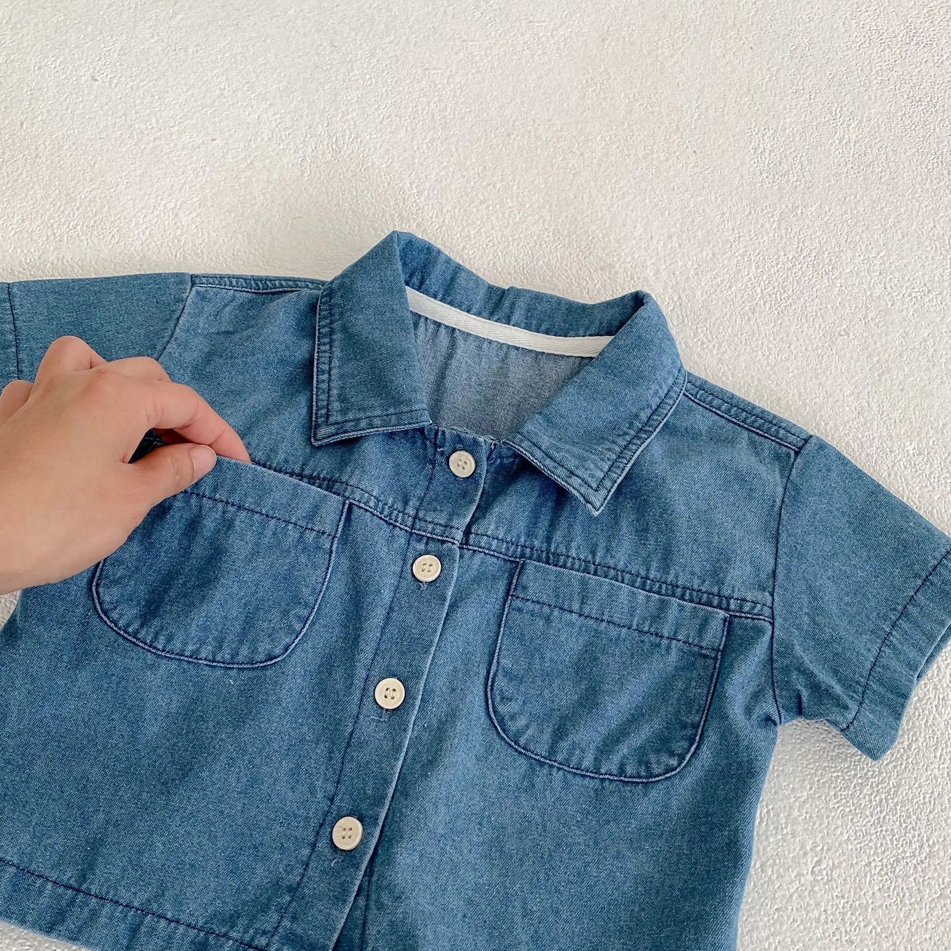 半袖セットアップ キッズセットアップ 2点セット デニム 半袖シャツ+ショートパンツ【mh0006177】