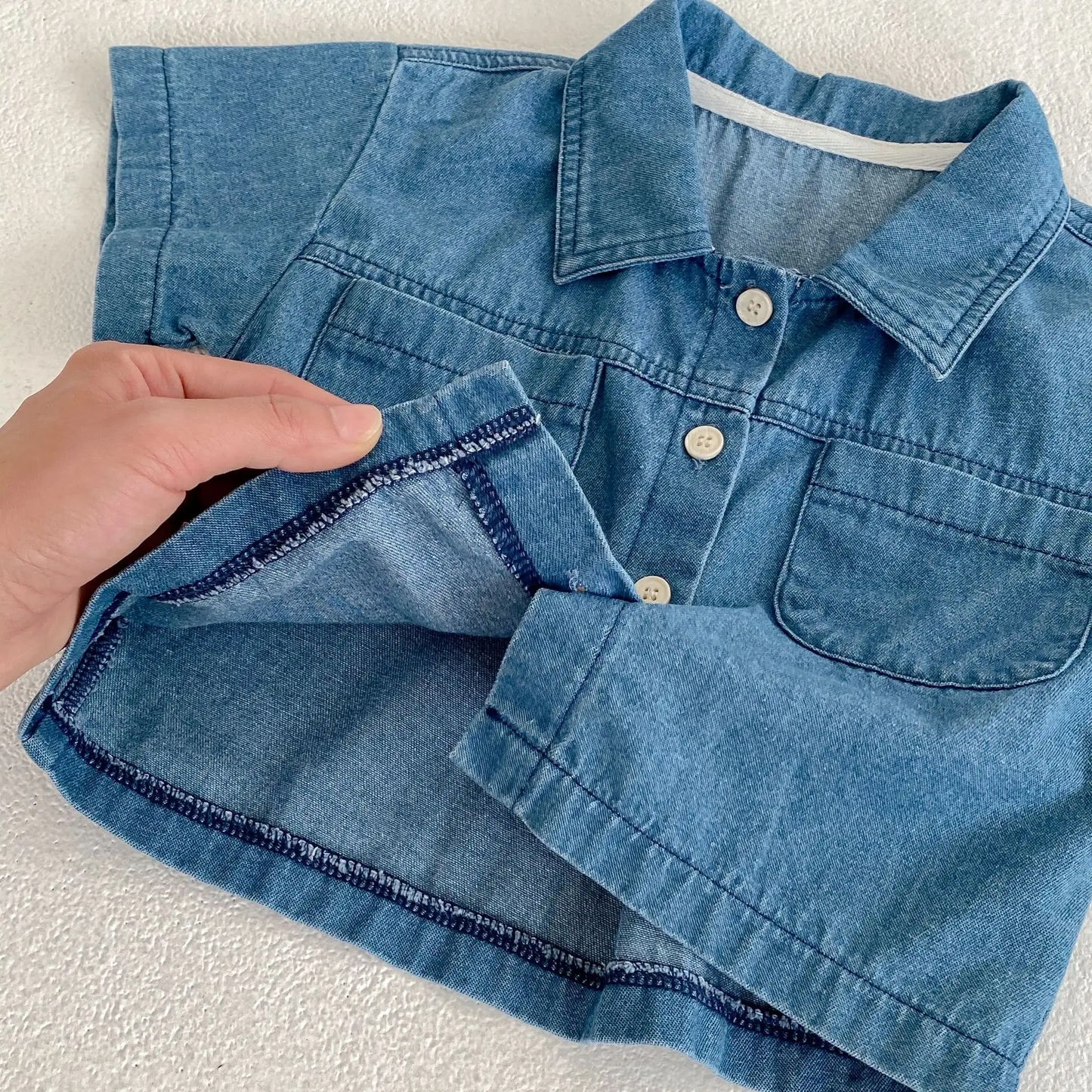 半袖セットアップ キッズセットアップ 2点セット デニム 半袖シャツ+ショートパンツ【mh0006177】