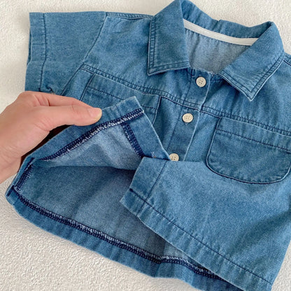 半袖セットアップ キッズセットアップ 2点セット デニム 半袖シャツ+ショートパンツ【mh0006177】