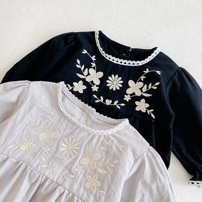 長袖ロンパース ベビーロンパース ボンネットセット 長袖ボディスーツ フラワー花柄刺繍 帽子セット 2カラー【mh0006260】