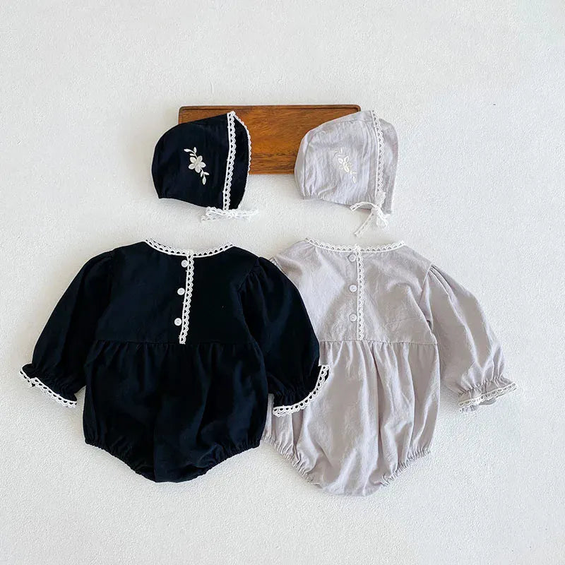 長袖ロンパース ベビーロンパース ボンネットセット 長袖ボディスーツ フラワー花柄刺繍 帽子セット 2カラー【mh0006260】