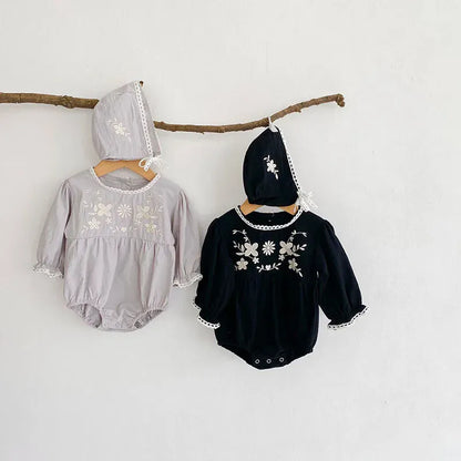 長袖ロンパース ベビーロンパース ボンネットセット 長袖ボディスーツ フラワー花柄刺繍 帽子セット 2カラー【mh0006260】