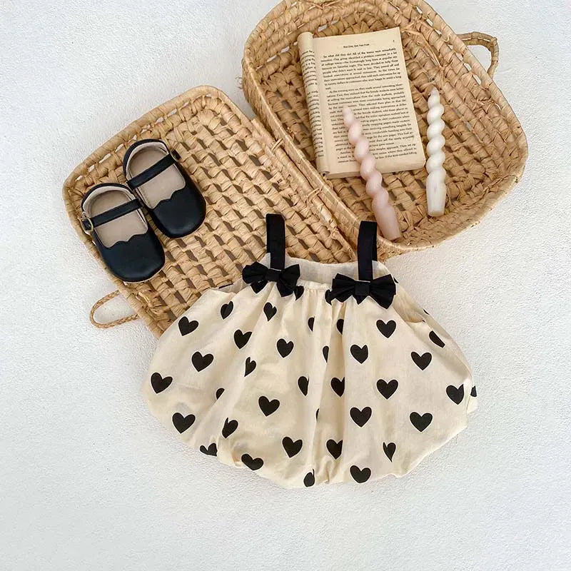 ノースリーブセットアップ ベビーセットアップ 2点セット リボンキャミソールバルーンチュニック+バルーンショートパンツ ハートプリント【mh0006333】