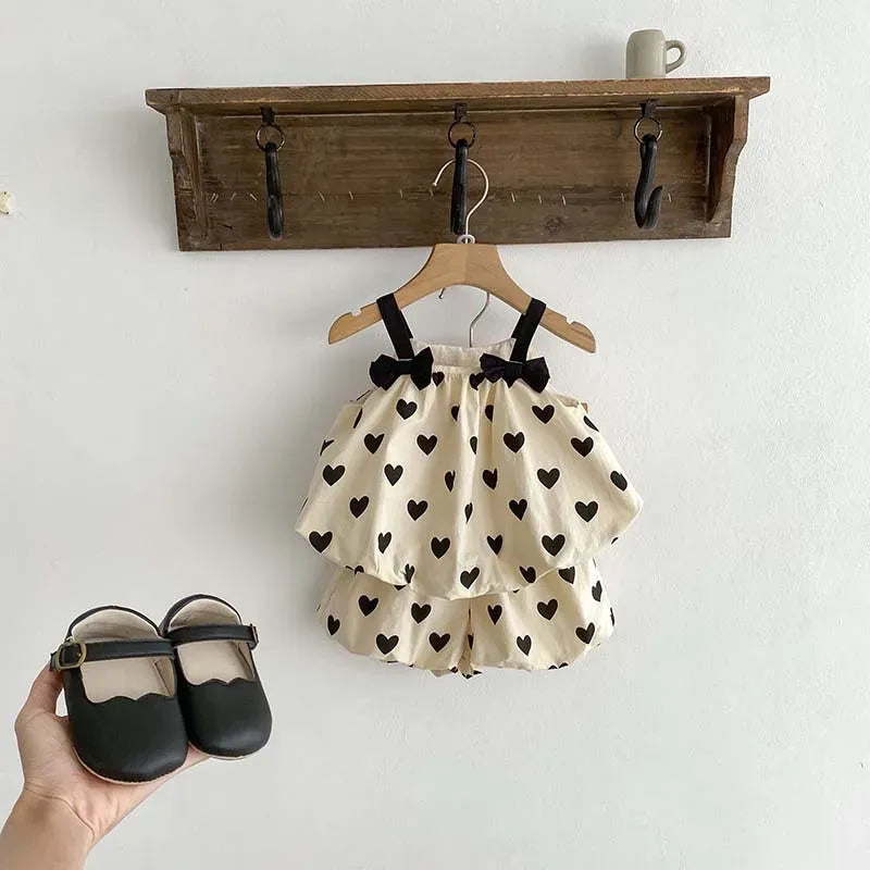 ノースリーブセットアップ ベビーセットアップ 2点セット リボンキャミソールバルーンチュニック+バルーンショートパンツ ハートプリント【mh0006333】